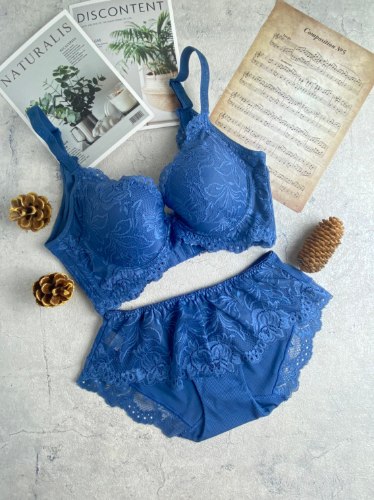 精緻蕾絲花紋鋼圈內衣-藍色